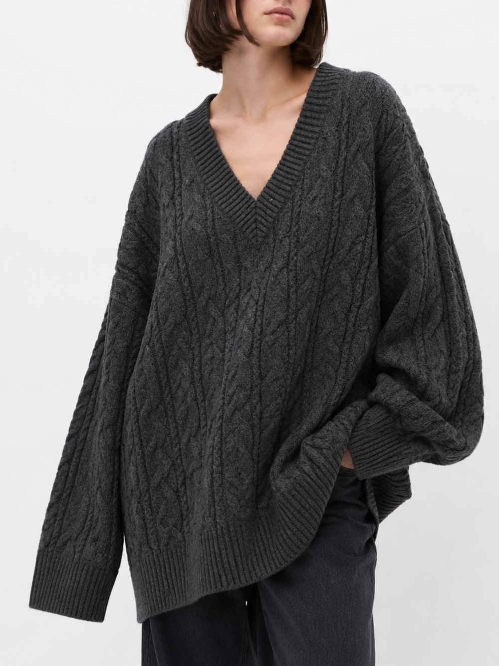 OAK + FORT Charcoal Cable V-Neck Sweater